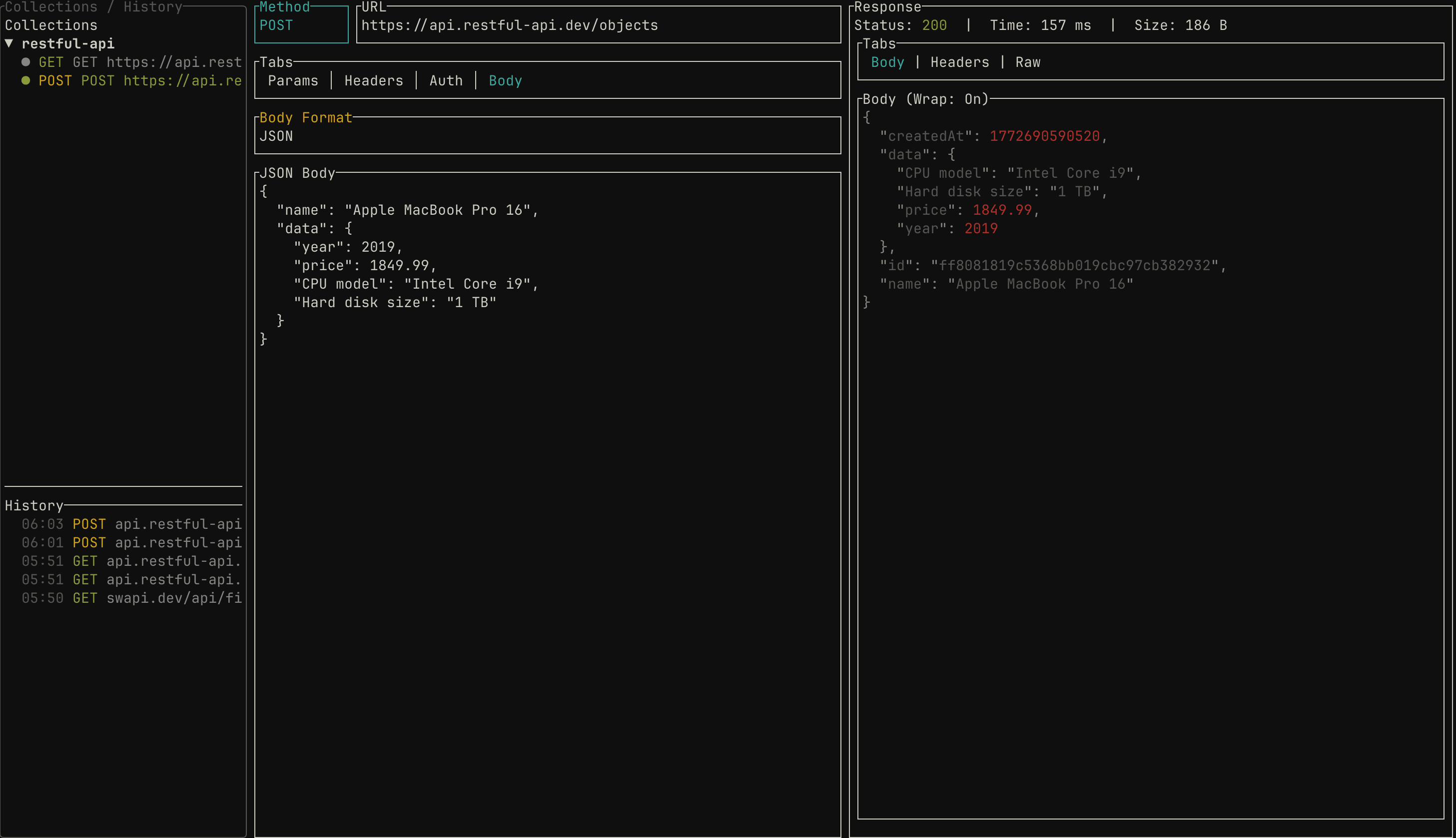 Depiction of the user interface for the posterm app, shows collections view, request, and response in left to right order.